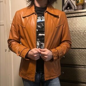Vintage tan leather jacket, western 70s